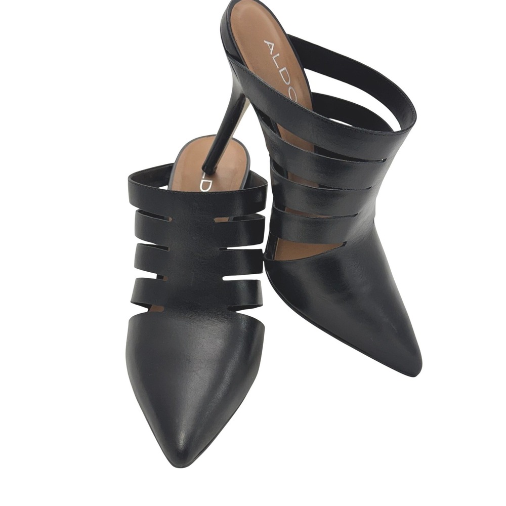 ALDO Black Leather Pointed Toe Strappy Stiletto Mules Heels Women Size 8.55